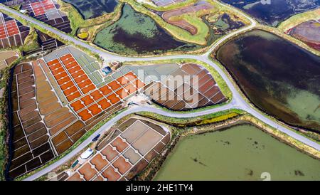 Veduta aerea delle saline nelle saline di Guerande, famosa per la produzione del sale grigio di Guerande, Francia Foto Stock