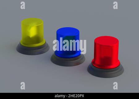 Set di lampeggiatori di colore rosso, blu e giallo su sfondo grigio. 3d rendering Foto Stock