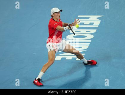 Melbourne, Australia. 8th. Gennaio 2022. Il tennista finlandese Emil Ruusuvuori è in azione durante il torneo estivo di Melbourne al Melbourne Park il sabato 08 gennaio 2022. © Juergen Hasenkopf / Alamy Live News Foto Stock
