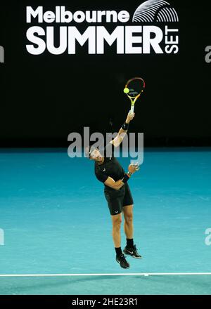 Melbourne, Australia. 8th. Gennaio 2022. Il tennista spagnolo Rafael Nadal è in azione durante il torneo estivo di Melbourne al Melbourne Park il sabato 08 gennaio 2022. © Juergen Hasenkopf / Alamy Live News Foto Stock