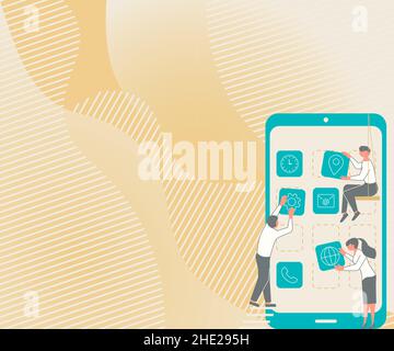 Tre colleghi hanno a che fare con S Decorating Mobile Application che definisce il lavoro di squadra. Partner Holding Symbols creazione di funzioni telefoniche presentazione combinata Illustrazione Vettoriale