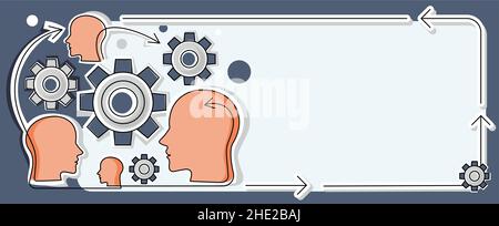 Teste multiple con denti che mostrano idee tecnologiche. Gears in Brain Symbols Design visualizzazione di un'idea meccanica e tecnica. Illustrazione Vettoriale