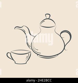 Elementi isolati del vettore del tempo del tè. Tea pot, icone del contorno della tazza. Linea di pennello a mano, stile di schizzo a forma di barretta. Illustrazione Vettoriale