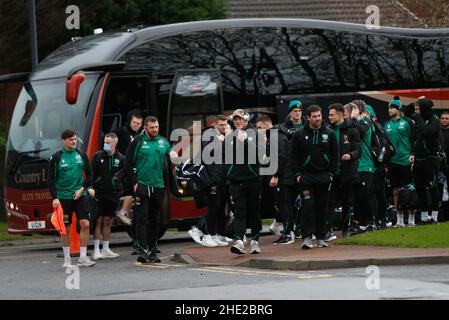 Newcastle, Regno Unito. 08th Jan 2022. NEWCASTLE UPON TYNE, REGNO UNITO. JAN 8th i giocatori di Saints arrivano al Kingston Park durante la partita Gallagher Premiership tra Newcastle Falcons e Northampton Saints al Kingston Park, Newcastle sabato 8th gennaio 2022. (Credit: Chris Lishman | MI News) Credit: MI News & Sport /Alamy Live News Foto Stock