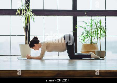 Meditazione durante la gravidanza. Giovane calma tranquilla donna incinta che fa yoga a casa, meditando e praticando la consapevolezza, madre in attesa seduta Foto Stock