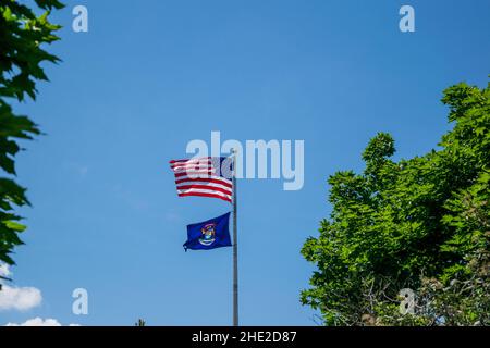 Bandiera del Michigan e degli Stati Uniti che volano su pali Foto Stock