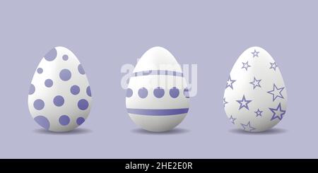 Buona Pasqua. Set di uova di Pasqua con texture diverse su sfondo lilla. Illustrazione vettoriale. Illustrazione Vettoriale