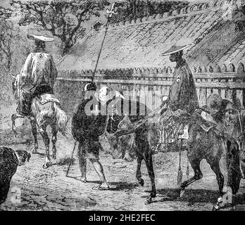 Un'illustrazione di fine 19th secolo di un nobile giapponese che passa attraverso un villaggio. Si dice che il Giappone feudale abbia avuto un sistema sociale a quattro livelli, alcuni giapponesi hanno vissuto al di sopra del sistema, e altri al di sotto. Al culmine della società c'era lo shogun, che governò in nome dell'imperatore. L'imperatore, la sua famiglia e la nobiltà della corte avevano poco potere, ma erano almeno nominalmente al di sopra dello shogun, e anche al di sopra del sistema a quattro livelli. Foto Stock