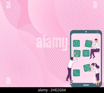 Tre colleghi hanno a che fare con S Decorating Mobile Application che definisce il lavoro di squadra. Partner Holding Symbols creazione di funzioni telefoniche presentazione combinata Illustrazione Vettoriale