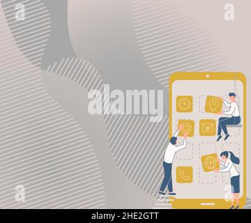 Tre colleghi hanno a che fare con S Decorating Mobile Application che definisce il lavoro di squadra. Partner Holding Symbols creazione di funzioni telefoniche presentazione combinata Illustrazione Vettoriale