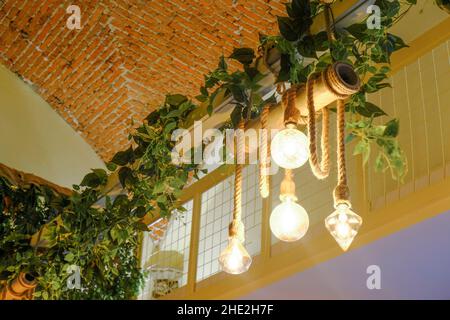 il lampadario decorativo appeso su corde attraverso piante verdi, pareti di mattoni sul soffitto. Design degli interni. Design leggero Foto Stock