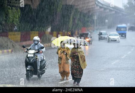 Jammu, Kashmir controllato dall'India. 8th Jan 2022. Le donne camminano sotto gli ombrelloni durante le piogge pesanti a Jammu, la capitale invernale del Kashmir controllato dall'India, 8 gennaio 2022. Credit: Str/Xinhua/Alamy Live News Foto Stock