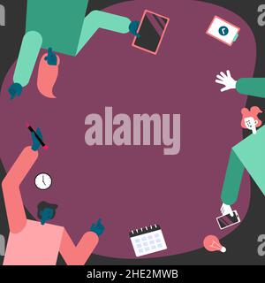 Tre colleghi hanno a che fare con S Decorating Mobile Application che definisce il lavoro di squadra. Partner Holding Symbols creazione di funzioni telefoniche presentazione combinata Illustrazione Vettoriale