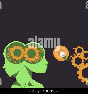 Due teste con ruote dentate che mostrano idee tecnologiche. Gears in Brain Symbols Design visualizzazione di un'idea meccanica e tecnica. Illustrazione Vettoriale