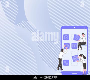 Tre colleghi hanno a che fare con S Decorating Mobile Application che definisce il lavoro di squadra. Partner Holding Symbols creazione di funzioni telefoniche presentazione combinata Illustrazione Vettoriale