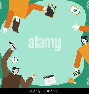 Tre colleghi hanno a che fare con S Decorating Mobile Application che definisce il lavoro di squadra. Partner Holding Symbols creazione di funzioni telefoniche presentazione combinata Illustrazione Vettoriale