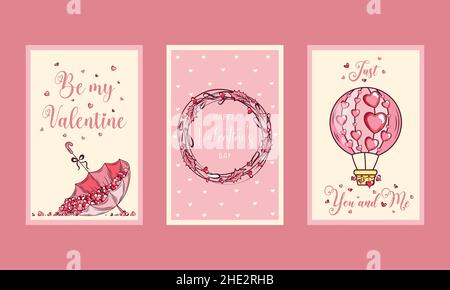Set di biglietti di auguri romantici per San Valentino. Concetto di progettazione vettoriale per Valentines Day e altri utenti. Illustrazione Vettoriale