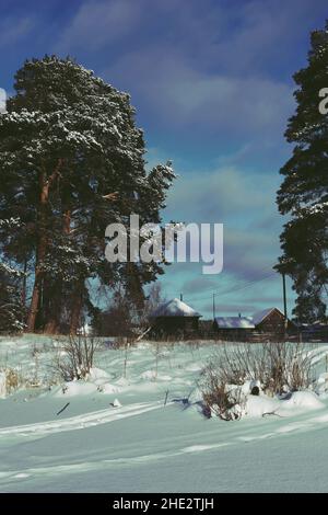 Paesaggio rurale invernale. Pinete ricoperte di neve e un villaggio con capanne in legno contro un cielo blu con nuvole in una giornata invernale. Verticale. Foto Stock