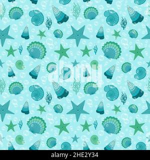 Ripetizione senza giunture. Stelle marine, conchiglie, alghe marine e bollicine sott'acqua. Blu e verde. Illustrazione Vettoriale