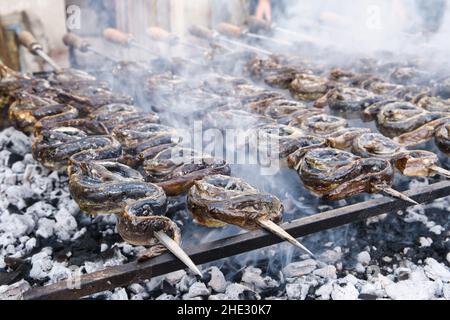 File di anguille sul spit Foto Stock