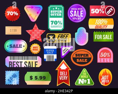 Etichette e etichette in vendita con adesivo olografico Trendy 90s. Retro sconto, prezzo e qualità prodotto lucido adesivi con percentuale vettore set Illustrazione Vettoriale