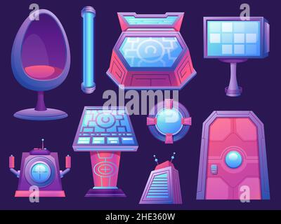 Pannelli di controllo navicella spaziale Cartoon, sedia, porta e oblò. Mobili futuristici. Cosmico nave digitale cockpit. Set vettoriale della stazione spaziale di gioco Illustrazione Vettoriale