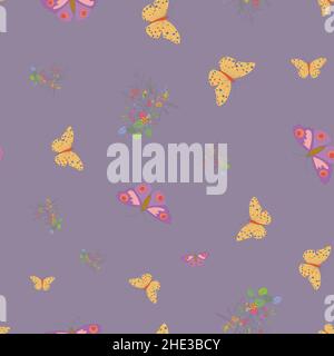 Motivo senza cuciture con farfalla e fiori su sfondo viola. Illustrazione Vettoriale