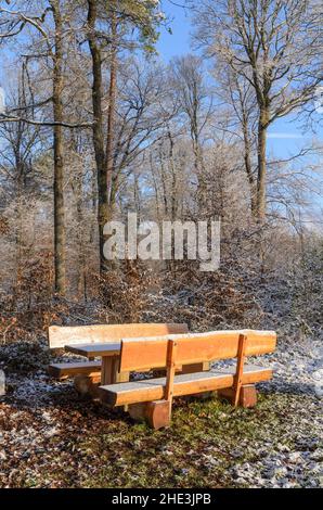 Panchine di legno e tavolo da picnic lungo un sentiero escursionistico nella campagna della regione di Westerwald, Renania-Palatinato, Germania, Europa Foto Stock