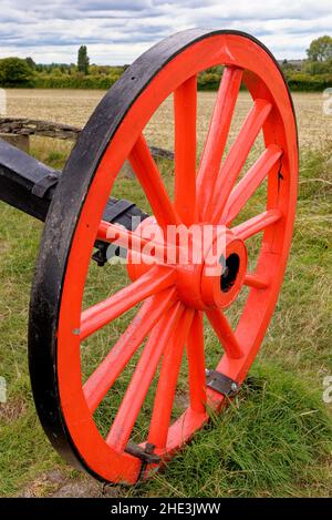 Vintage - Details of Wooden Wagon Wheel - Pitstone Windmill, Ivinghoe, Hertfordshire, Inghilterra, Regno Unito Foto Stock