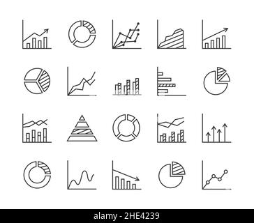 Statistiche - icona a linea impostata con tratto modificabile. Raccolta di 20 grafici, grafici, diagrammi. Illustrazione Vettoriale