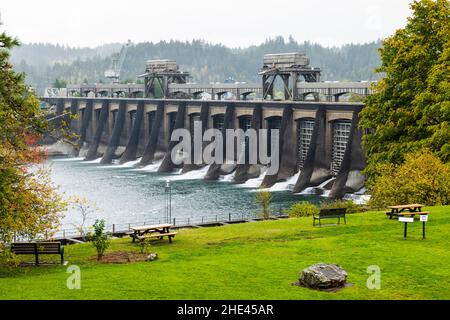 Bonneville Lock & Dam; Columbia River ai confini statali di Washington e Oregon; USA Foto Stock