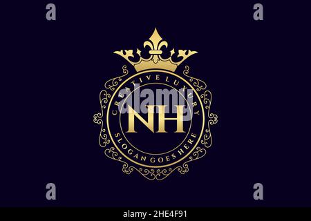 NH Initial Letter Luxury calligraphic femminile floreale a mano disegnato araldico monogramma antico vintage stile lusso logo design Premium Illustrazione Vettoriale