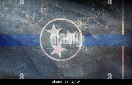 Vista dall'alto della bandiera blu dello stato del Tennessee, USA. Bandiera della polizia degli stati Uniti d'America. Bandiera retrò con struttura grunge. Nessun flagpole. Layout piano, d Foto Stock