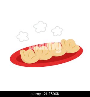 Piatto rosso isolato con gnocchi asiatici disegnati a mano Illustrazione Vettoriale