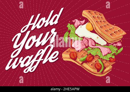 Illustrazione vettoriale disegnata a mano di waffle belgi o viennesi cadenti con omelette, pancetta, insalata verde, avocado a fette e pomodori ciliegini con preventivo - Illustrazione Vettoriale