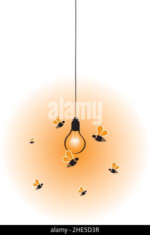 Lampadina appesa e vola insetti sagome illustrazione, vettore. Cartoon art design. Decalcomanie per pareti, grafica Illustrazione Vettoriale