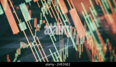 Interfaccia grafica digitale in crescita sfocata su sfondo blu scuro. Concetto di mercato azionario e finanziario Foto Stock