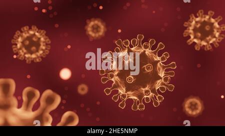 COVID-19 il virus di Corona con la glicoproteina di picco galleggia sull'aria. Sfondo di colore rosso scuro . 3D rendering . Foto Stock