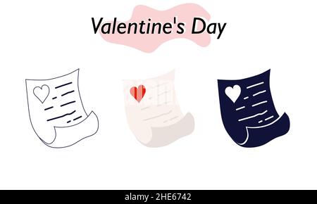 Una nota d'amore su un pezzo di carta. Una dichiarazione d'amore. Nelle versioni a colori, solide e lineari. Un simbolo d'amore e una festa di San Valentino. Vettore Illustrazione Vettoriale