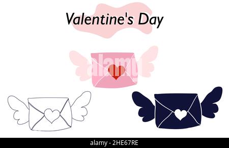 Una nota d'amore con ali d'angelo. Una dichiarazione d'amore. Nelle versioni a colori, solide e lineari. Un simbolo d'amore e una festa di San Valentino. Vettore Illustrazione Vettoriale