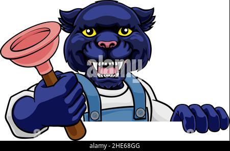 Panther idraulico Cartoon Mascot pistone di tenuta Illustrazione Vettoriale