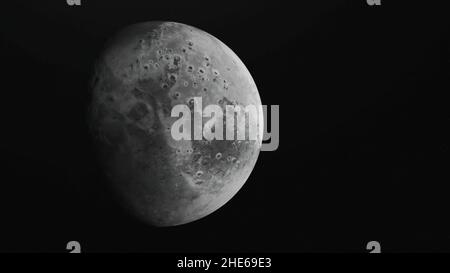 Superficie lunare astratta, corpo celeste rotante nello spazio esterno. Sfondo astronomico della luna, 3D sfere grigie illuminate dalla luce del sole. Foto Stock