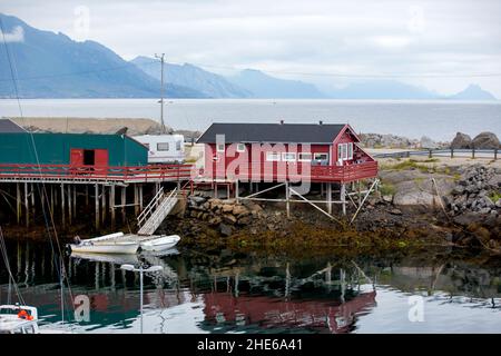 Tipiche cabine di pesca Rourbuer nel villaggio di Lofoten Nusfjord in una giornata piovosa, in estate. Tradizionali case in legno rosso norvegese Foto Stock