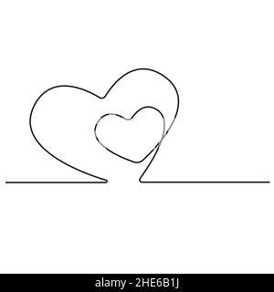 Linea continua che disegna due cuori. Linea nera illustrazione minimalistica del concetto di amore. Scarabocchio continuo Illustrazione Vettoriale