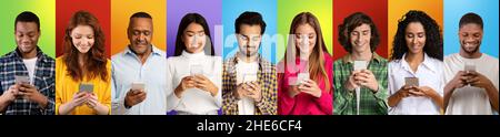 Collage creativo, gruppo di persone diverse con smartphone in posa su diversi sfondi colorati, panorama Foto Stock