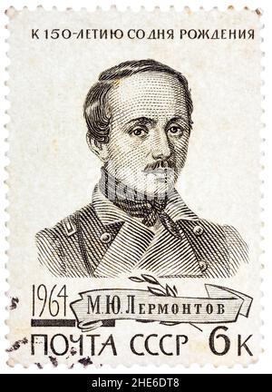 Il francobollo stampato in URSS mostra un ritratto di M. Lermontov (poeta russo, pittore) Foto Stock