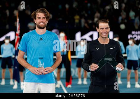 RAFAEL NADAL (ESP) sconfigge Maxime Cressy (USA) domenica 2022 gennaio, Melbourne Park Foto Stock