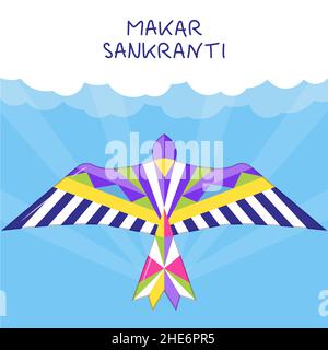 Felice vettore Makar Sankranti. Hindi biglietto d'auguri per web, social net. Makar Sankranti Concept con aquiloni colorati nel cielo Illustrazione Vettoriale
