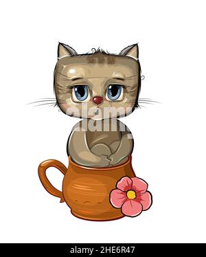 Funny Kitten si siede in una tazza di caffè in ceramica marrone. Carino comico animale. Stile cartoon piatto. Clipart di illustrazione dei bambini isolato su sfondo bianco Illustrazione Vettoriale