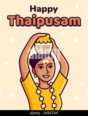 Buon Thaipusam, Tamil Hindu festival. Carino cartone animato donna disegno che porta latte pentola (paal kudam). Illustrazione vettoriale. Illustrazione Vettoriale